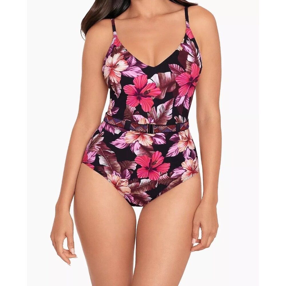 Skinnydippers Mowie Lucky Charm One Piece Swimsuit Belted Floral Black Pink M